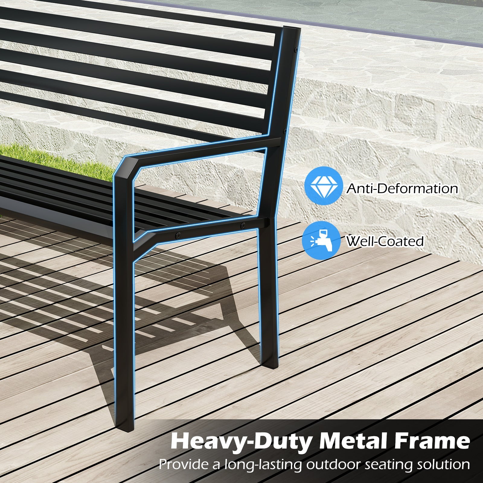 50 Inch Outdoor Metal Park Bench Patio Slatted Garden Bench for 2-3 People-Black by DirectDeals