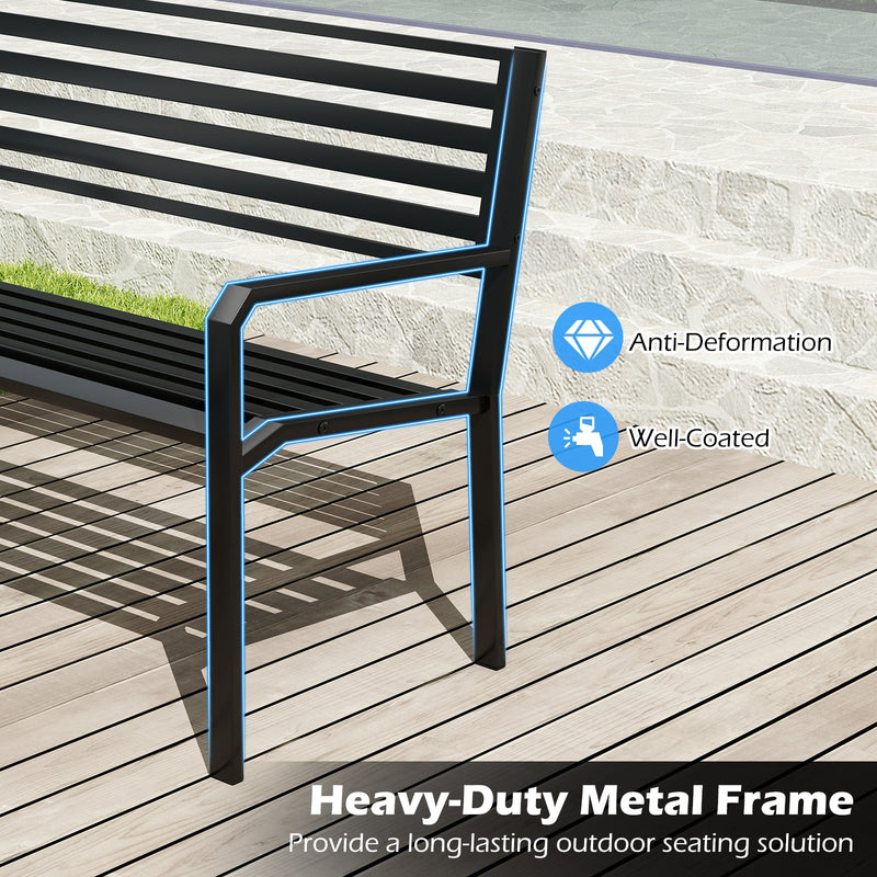 50 Inch Outdoor Metal Park Bench Patio Slatted Garden Bench for 2-3 People-Black by DirectDeals
