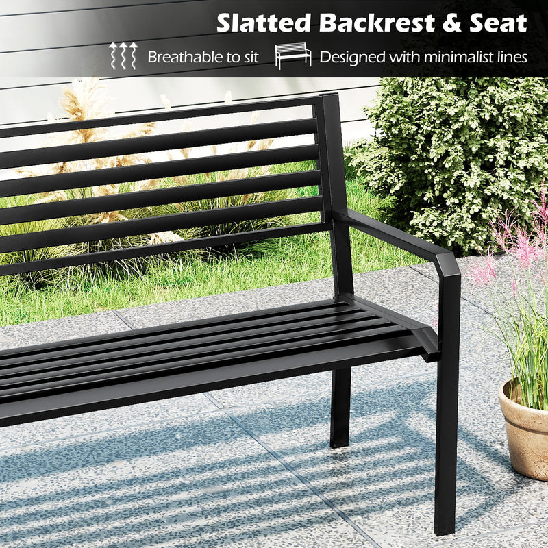 50 Inch Outdoor Metal Park Bench Patio Slatted Garden Bench for 2-3 People-Black by DirectDeals