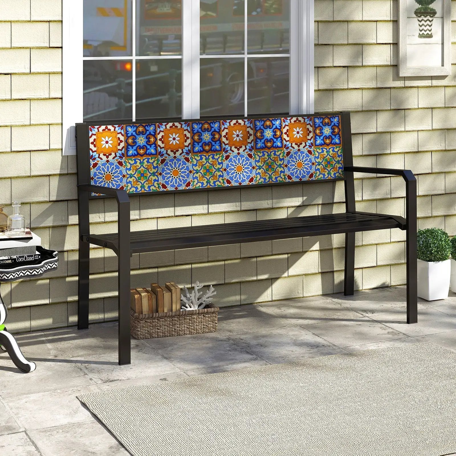 50 Inch Patio Metal Bench Slatted Loveseat for 2-3 People with Mosaic Backrest-Black by DirectDeals