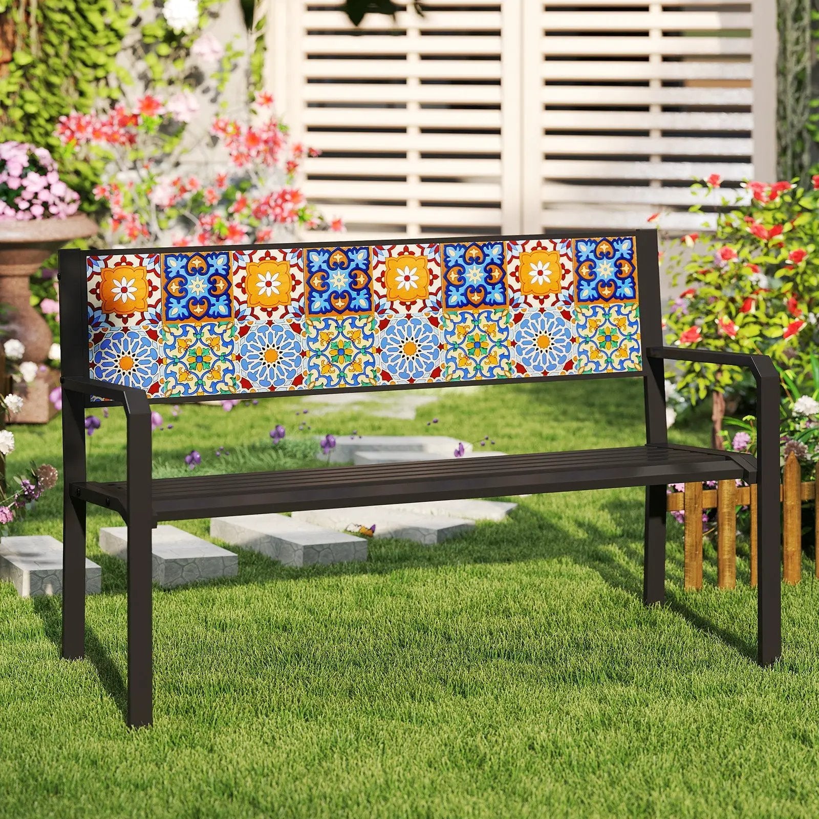 50 Inch Patio Metal Bench Slatted Loveseat for 2-3 People with Mosaic Backrest-Black by DirectDeals