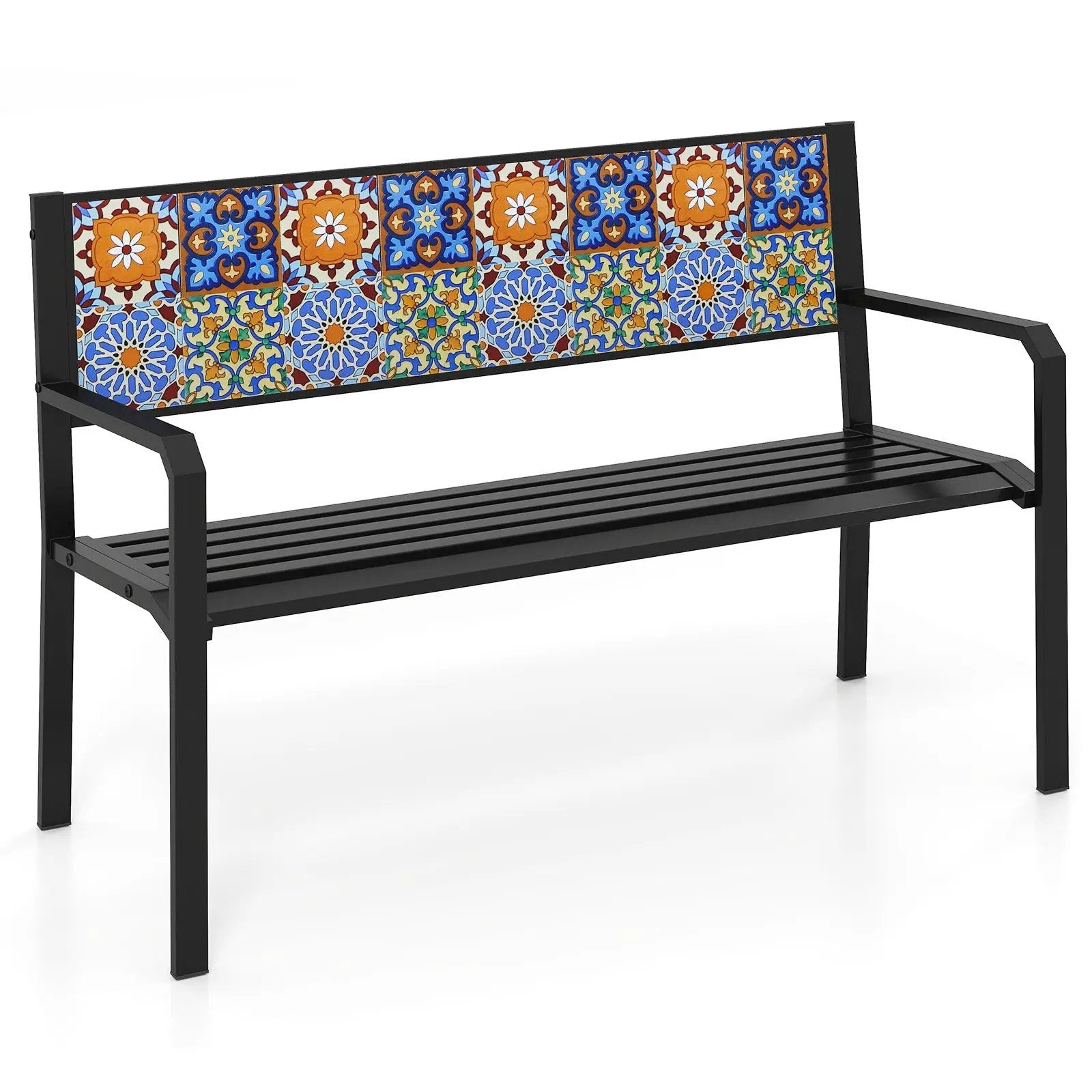 50 Inch Patio Metal Bench Slatted Loveseat for 2-3 People with Mosaic Backrest-Black by DirectDeals