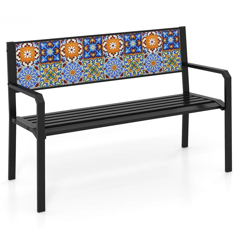 50 Inch Patio Metal Bench Slatted Loveseat for 2-3 People with Mosaic Backrest-Black by DirectDeals