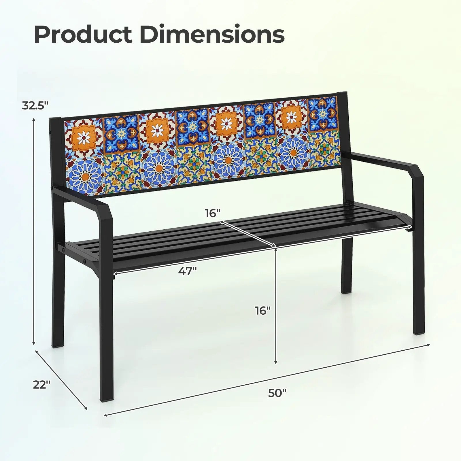 50 Inch Patio Metal Bench Slatted Loveseat for 2-3 People with Mosaic Backrest-Black by DirectDeals