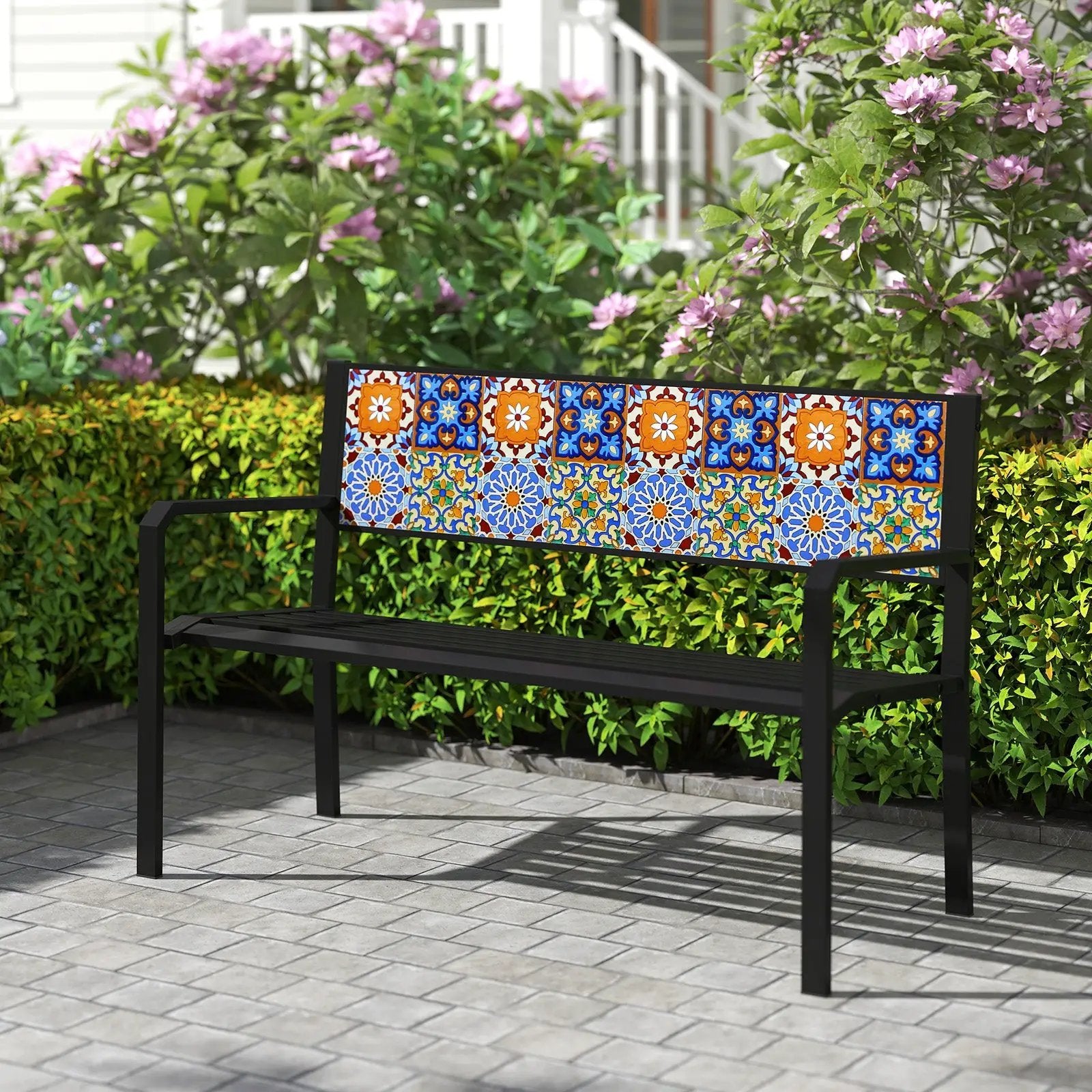 50 Inch Patio Metal Bench Slatted Loveseat for 2-3 People with Mosaic Backrest-Black by DirectDeals