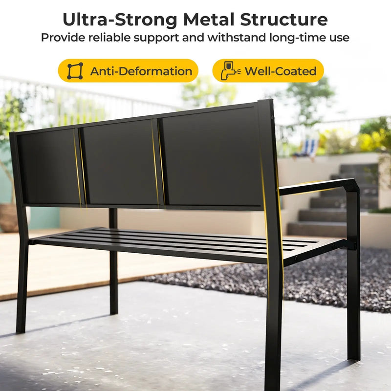 50 Inch Patio Metal Bench Slatted Loveseat for 2-3 People with Mosaic Backrest-Black by DirectDeals