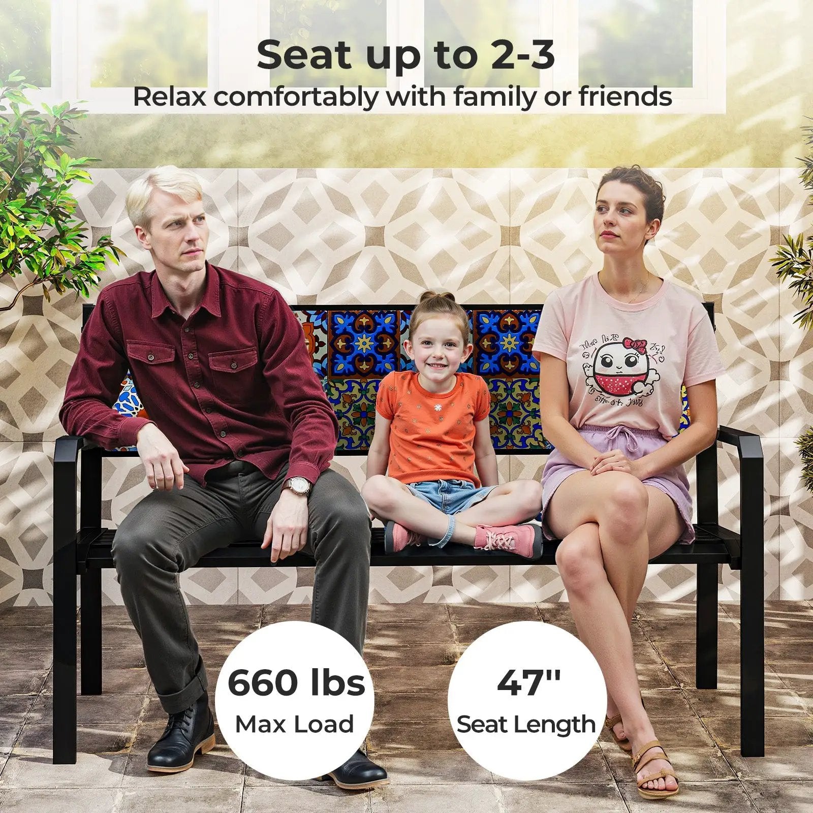 50 Inch Patio Metal Bench Slatted Loveseat for 2-3 People with Mosaic Backrest-Black by DirectDeals