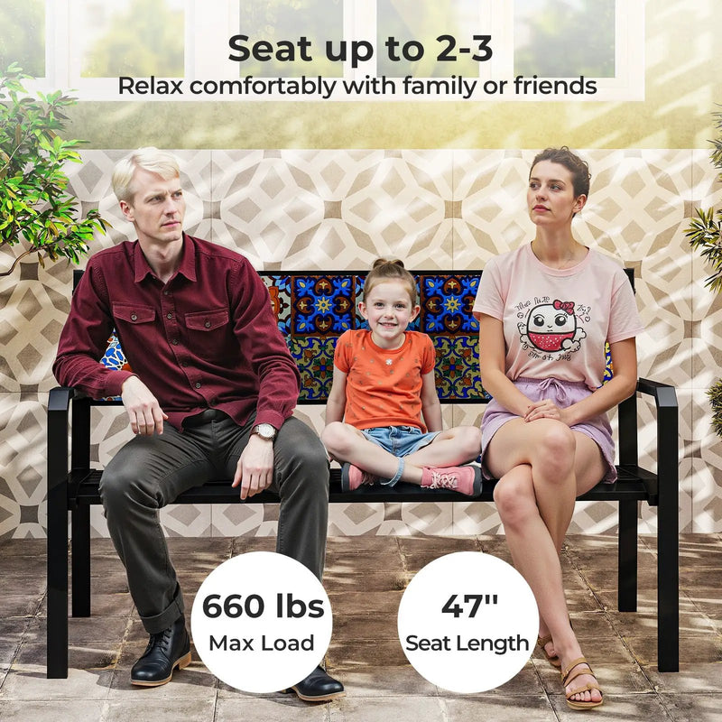 50 Inch Patio Metal Bench Slatted Loveseat for 2-3 People with Mosaic Backrest-Black by DirectDeals