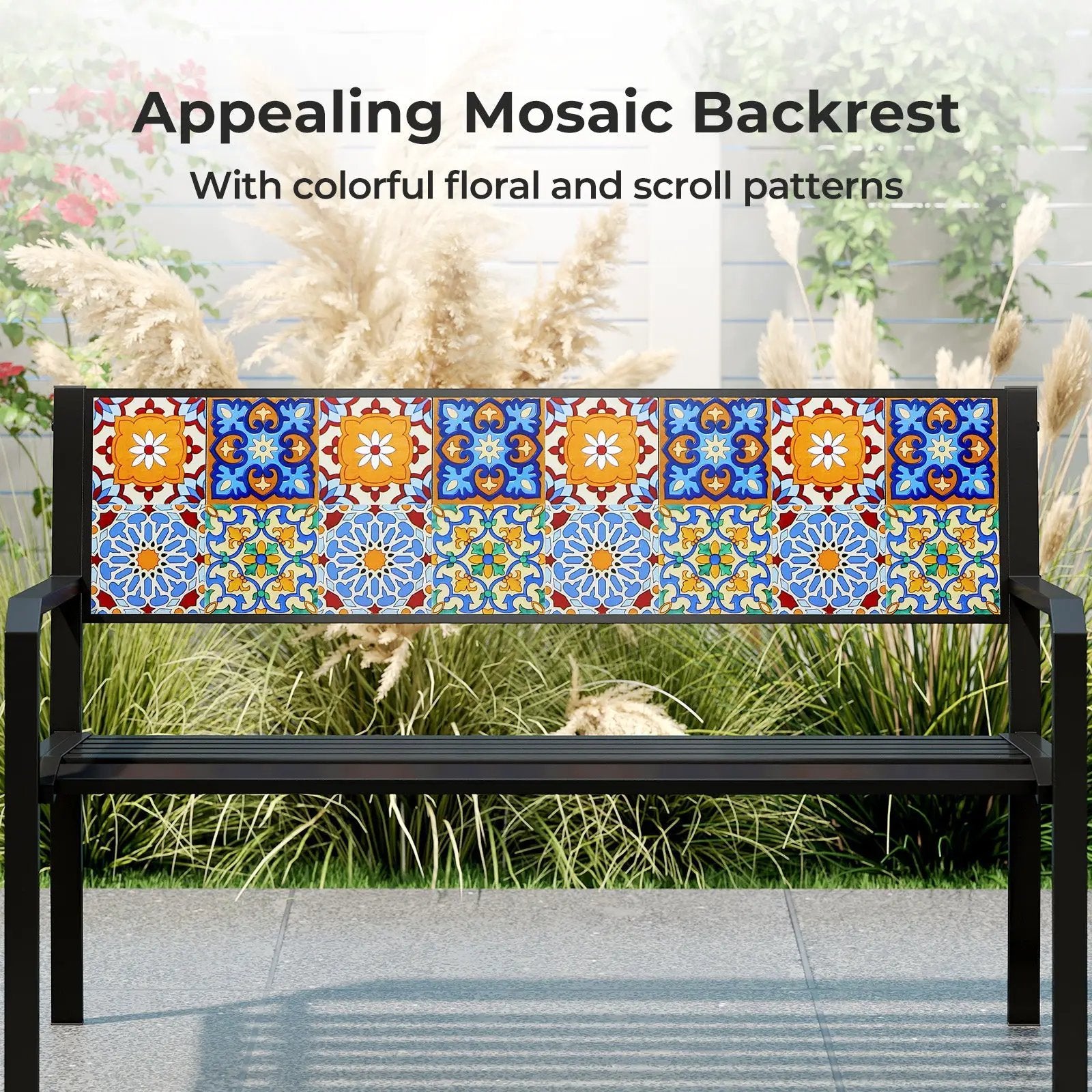 50 Inch Patio Metal Bench Slatted Loveseat for 2-3 People with Mosaic Backrest-Black by DirectDeals