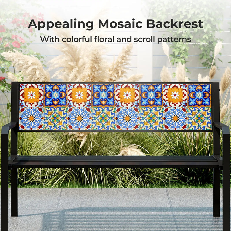 50 Inch Patio Metal Bench Slatted Loveseat for 2-3 People with Mosaic Backrest-Black by DirectDeals