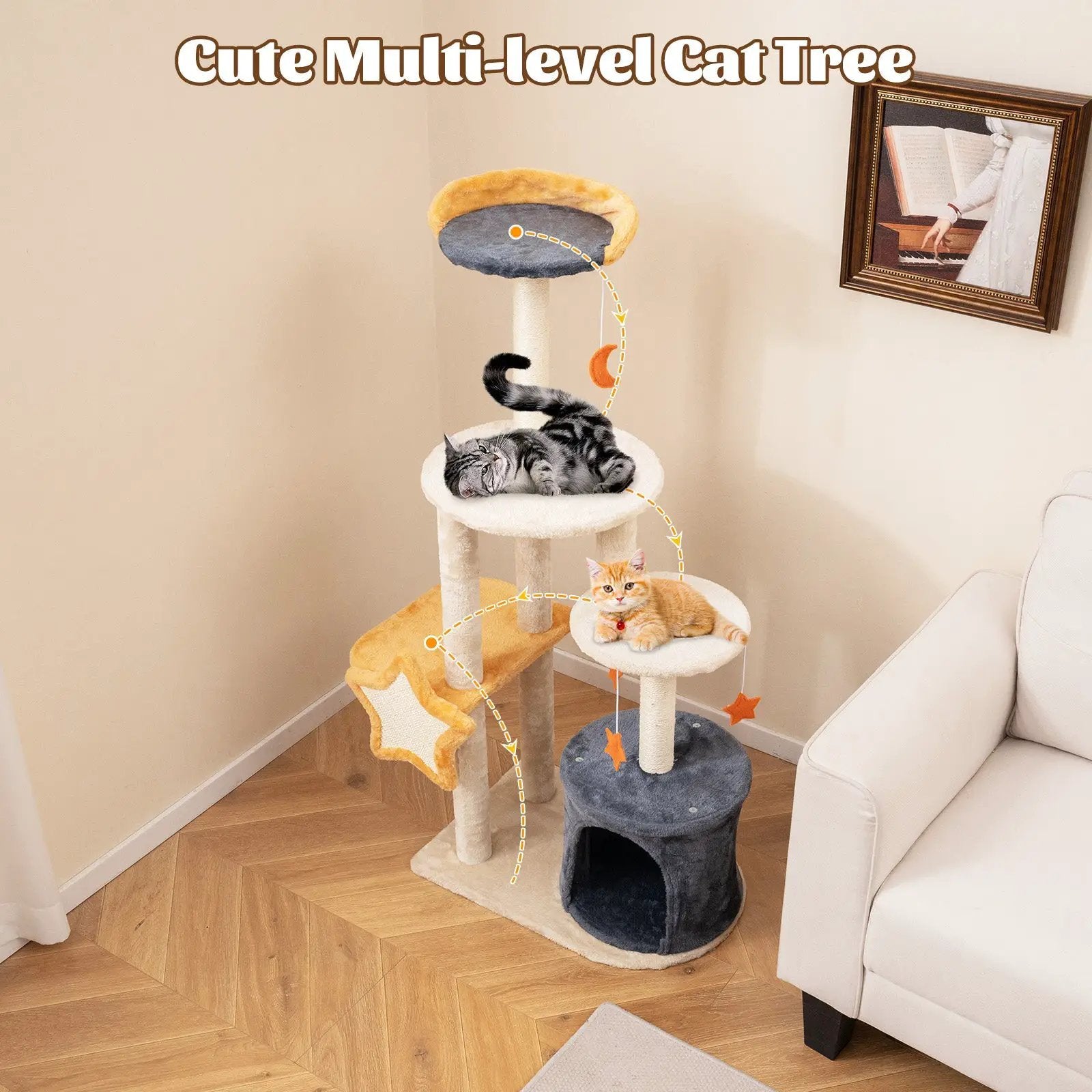 50 Inches Cute Cat Tree for Indoor Cats with Sisal Scratching Posts and Board by DirectDeals