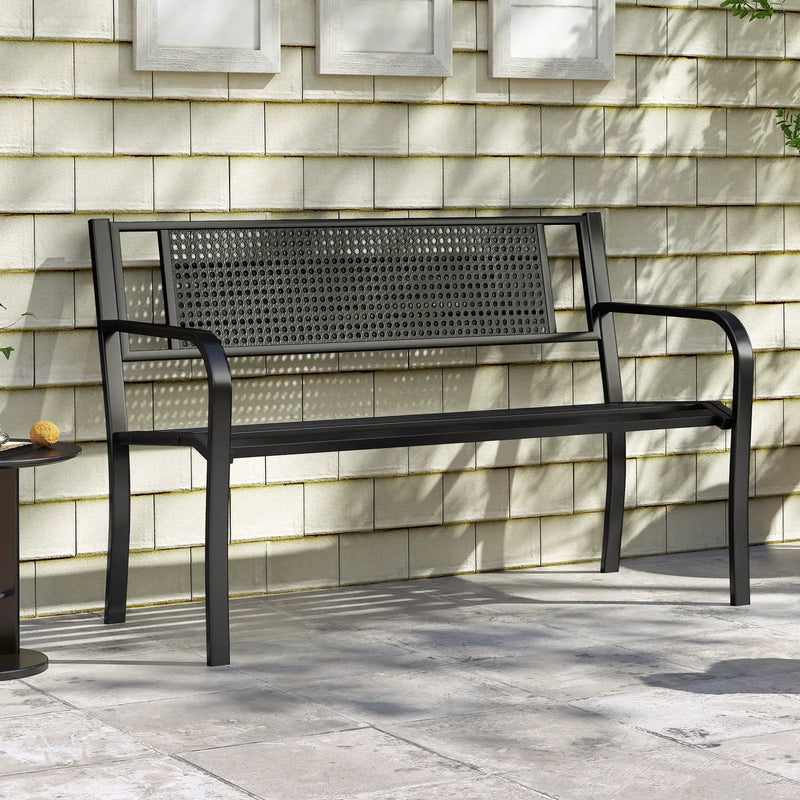 50 Inches Garden Bench with Patterned Backrest and Curved Armrests-Black by DirectDeals