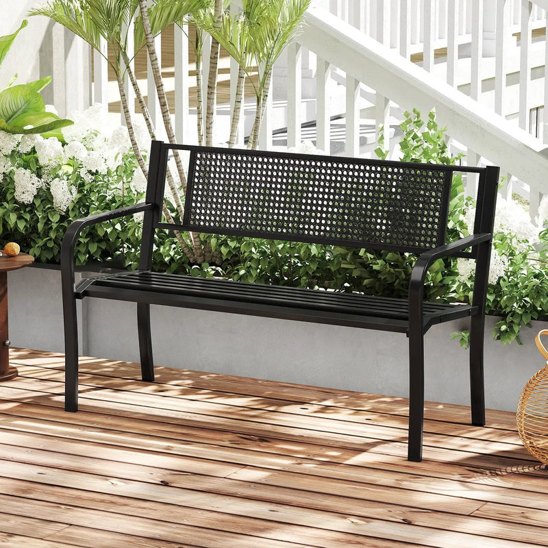 50 Inches Garden Bench with Patterned Backrest and Curved Armrests-Black by DirectDeals