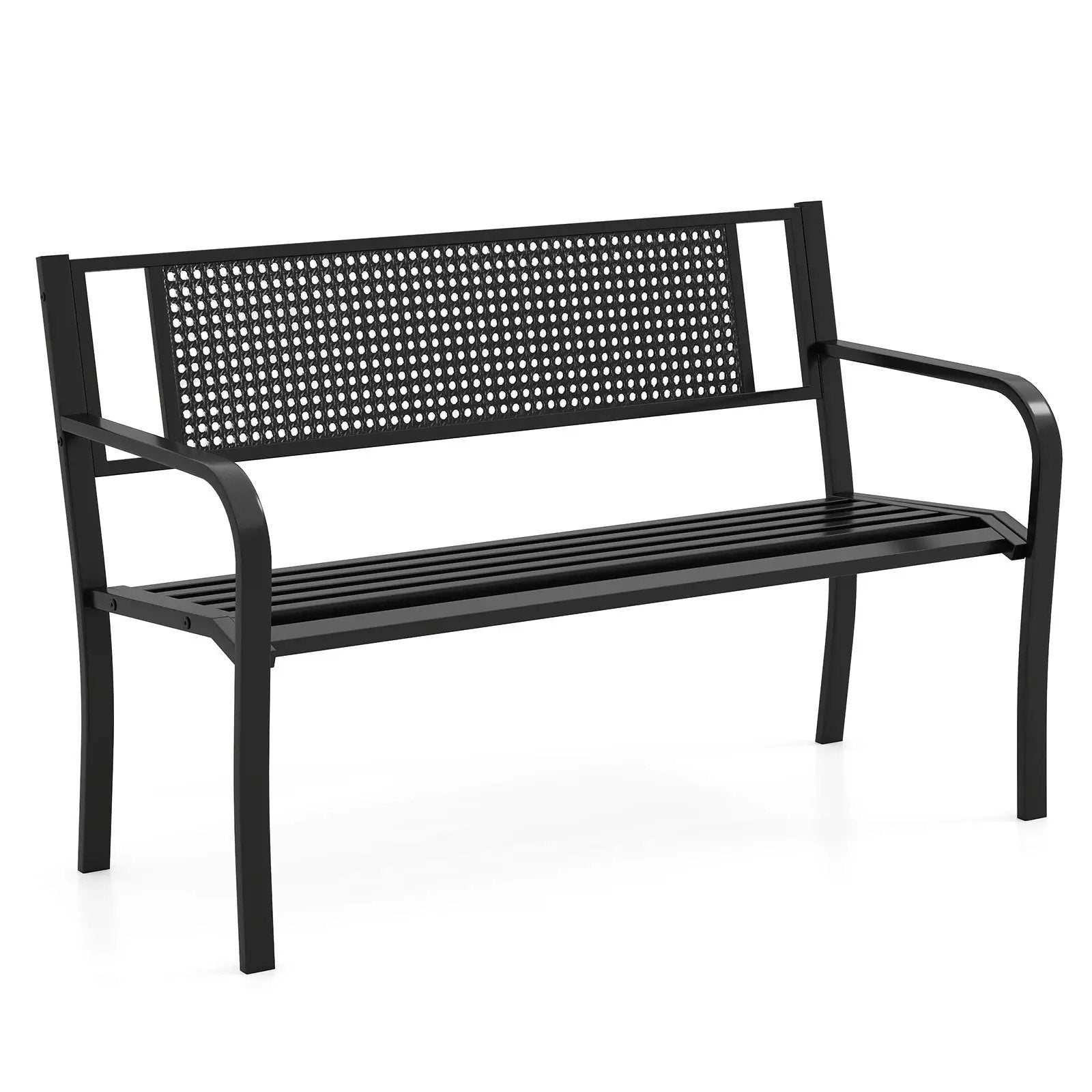 50 Inches Garden Bench with Patterned Backrest and Curved Armrests-Black by DirectDeals