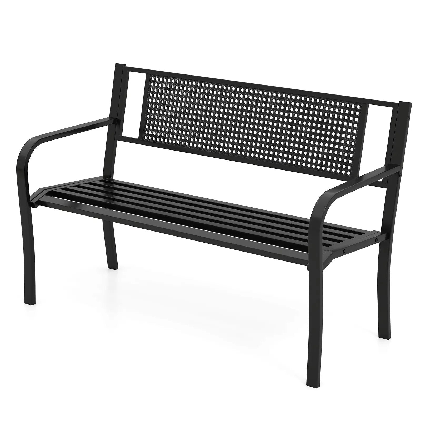50 Inches Garden Bench with Patterned Backrest and Curved Armrests-Black by DirectDeals