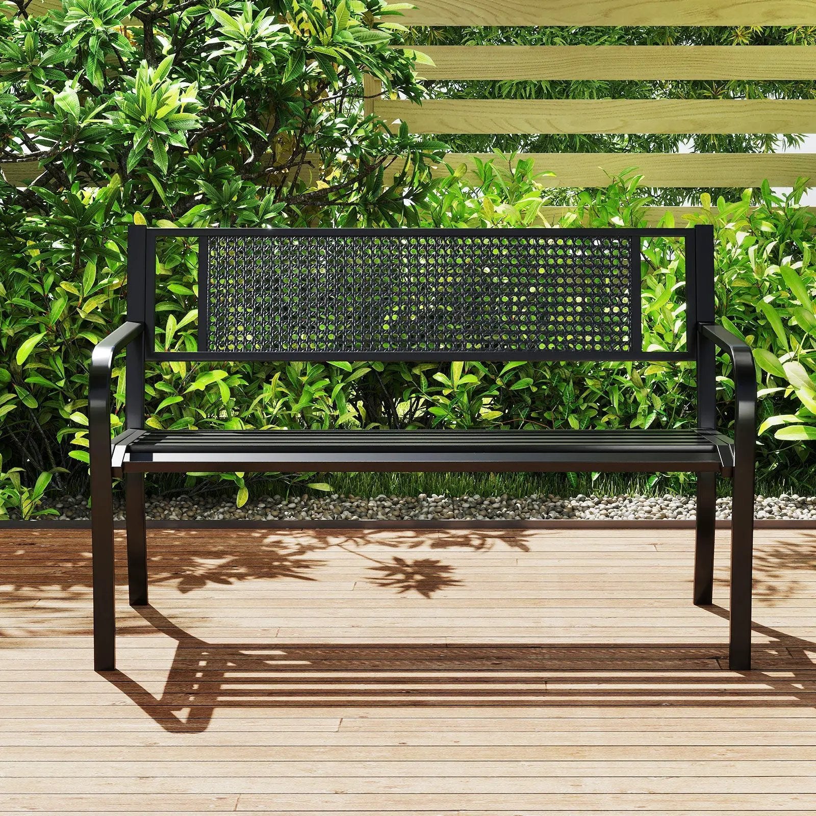 50 Inches Garden Bench with Patterned Backrest and Curved Armrests-Black by DirectDeals