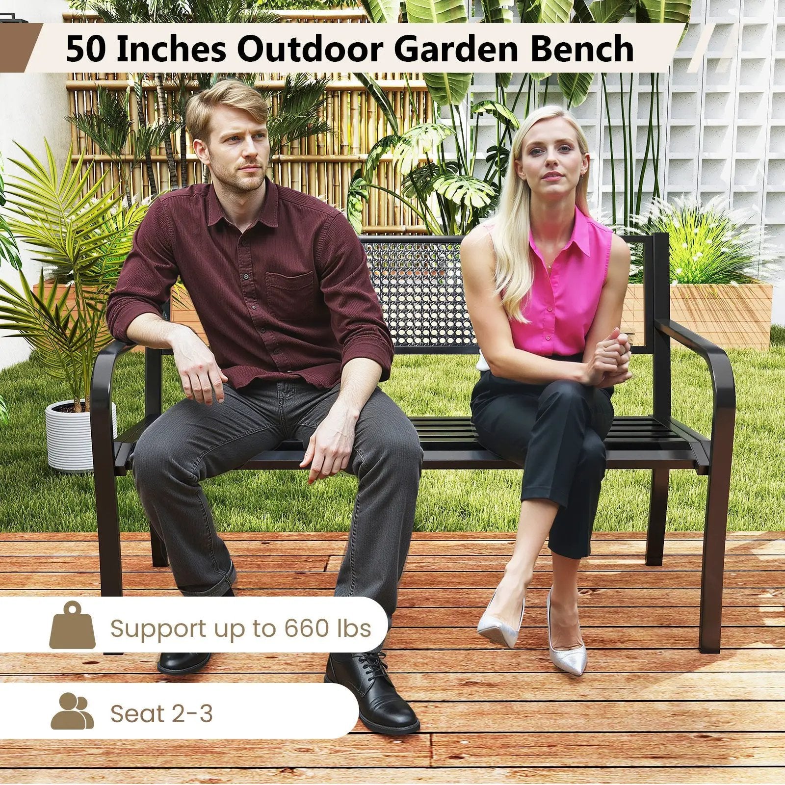 50 Inches Garden Bench with Patterned Backrest and Curved Armrests-Black by DirectDeals