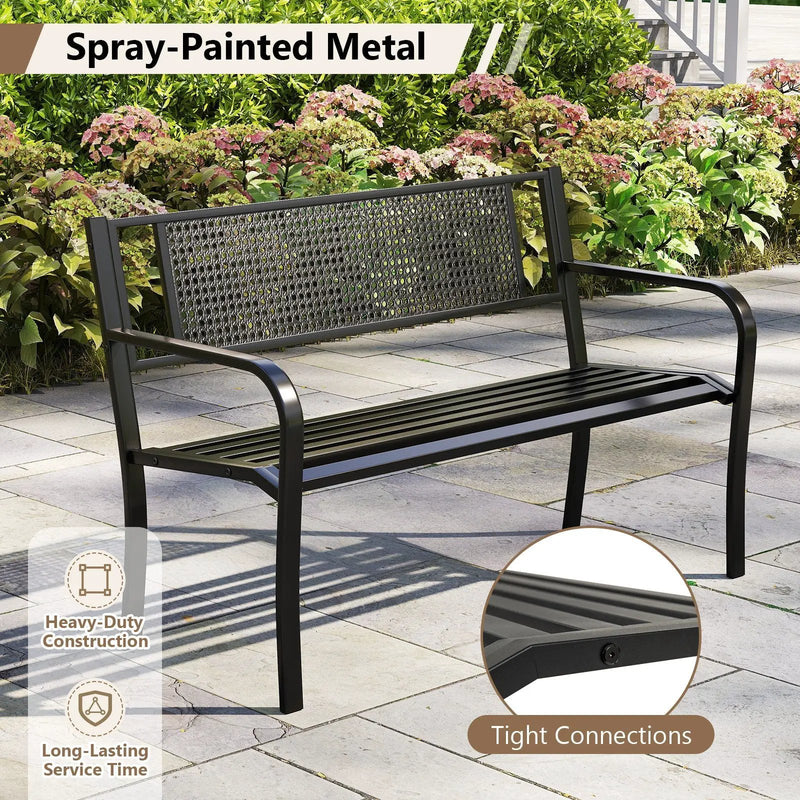 50 Inches Garden Bench with Patterned Backrest and Curved Armrests-Black by DirectDeals