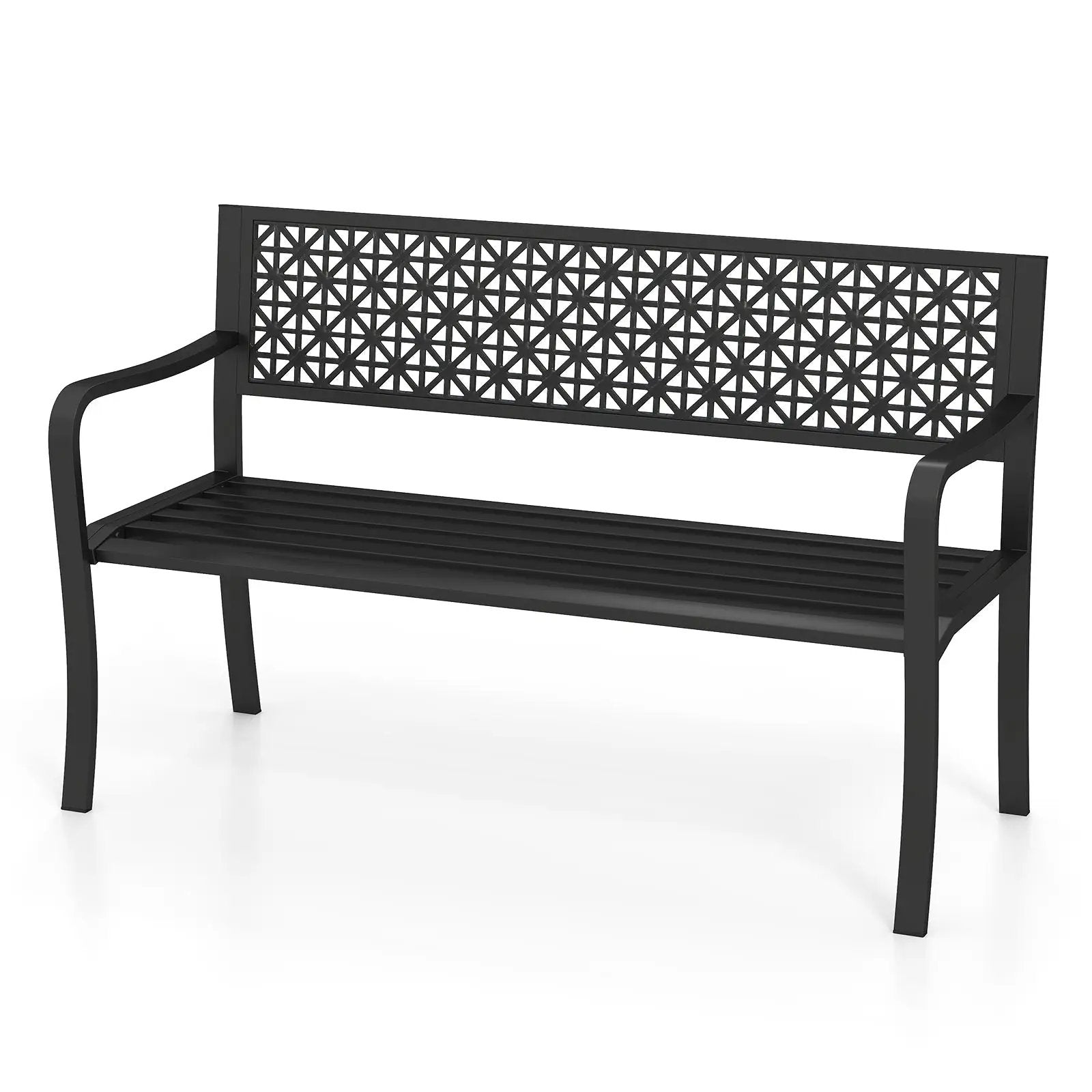 50 Inch Garden Bench with Patterned Backrest and Curved Armrests for 2-3 Person-Black by DirectDeals
