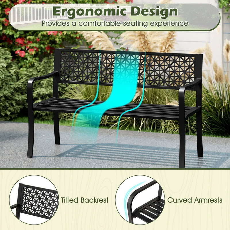50 Inch Garden Bench with Patterned Backrest and Curved Armrests for 2-3 Person-Black by DirectDeals
