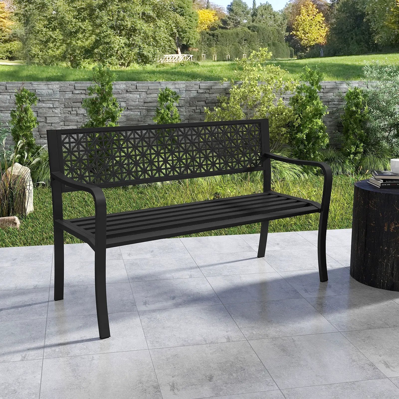 50 Inch Garden Bench with Patterned Backrest and Curved Armrests for 2-3 Person-Black by DirectDeals