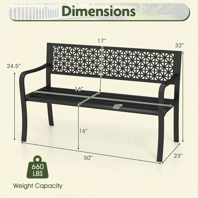 50 Inch Garden Bench with Patterned Backrest and Curved Armrests for 2-3 Person-Black by DirectDeals