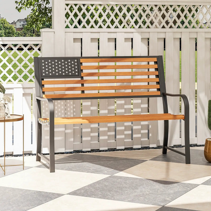 50 Inch Outdoor Garden Bench with Flag Pattern Backrest and Rustic Wood Grain Finish-Brown by DirectDeals