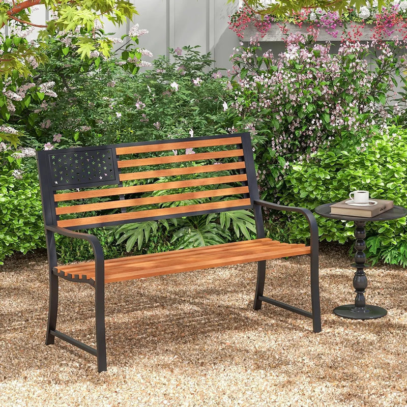 50 Inch Outdoor Garden Bench with Flag Pattern Backrest and Rustic Wood Grain Finish-Brown by DirectDeals