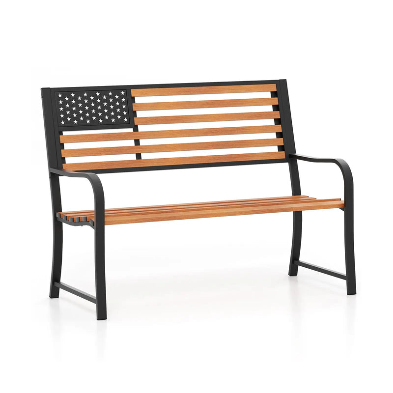50 Inch Outdoor Garden Bench with Flag Pattern Backrest and Rustic Wood Grain Finish-Brown by DirectDeals