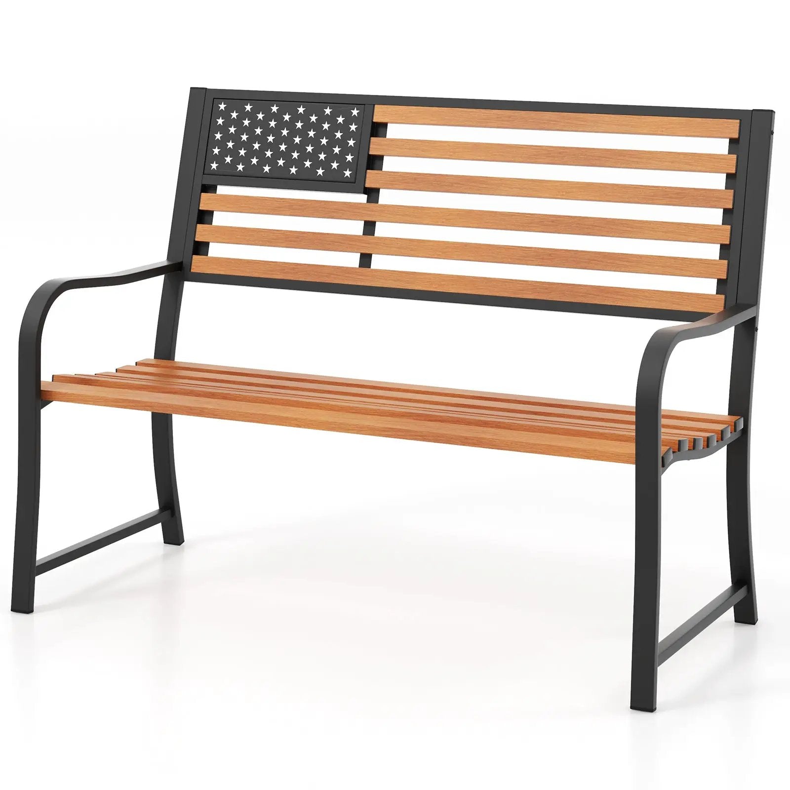 50 Inch Outdoor Garden Bench with Flag Pattern Backrest and Rustic Wood Grain Finish-Brown by DirectDeals