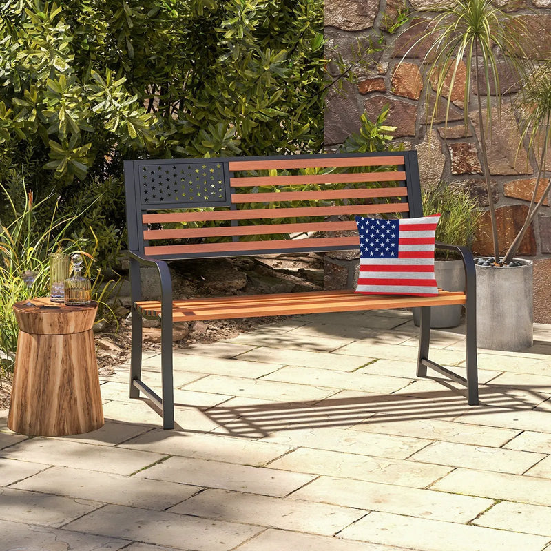 50 Inch Outdoor Garden Bench with Flag Pattern Backrest and Rustic Wood Grain Finish-Brown by DirectDeals
