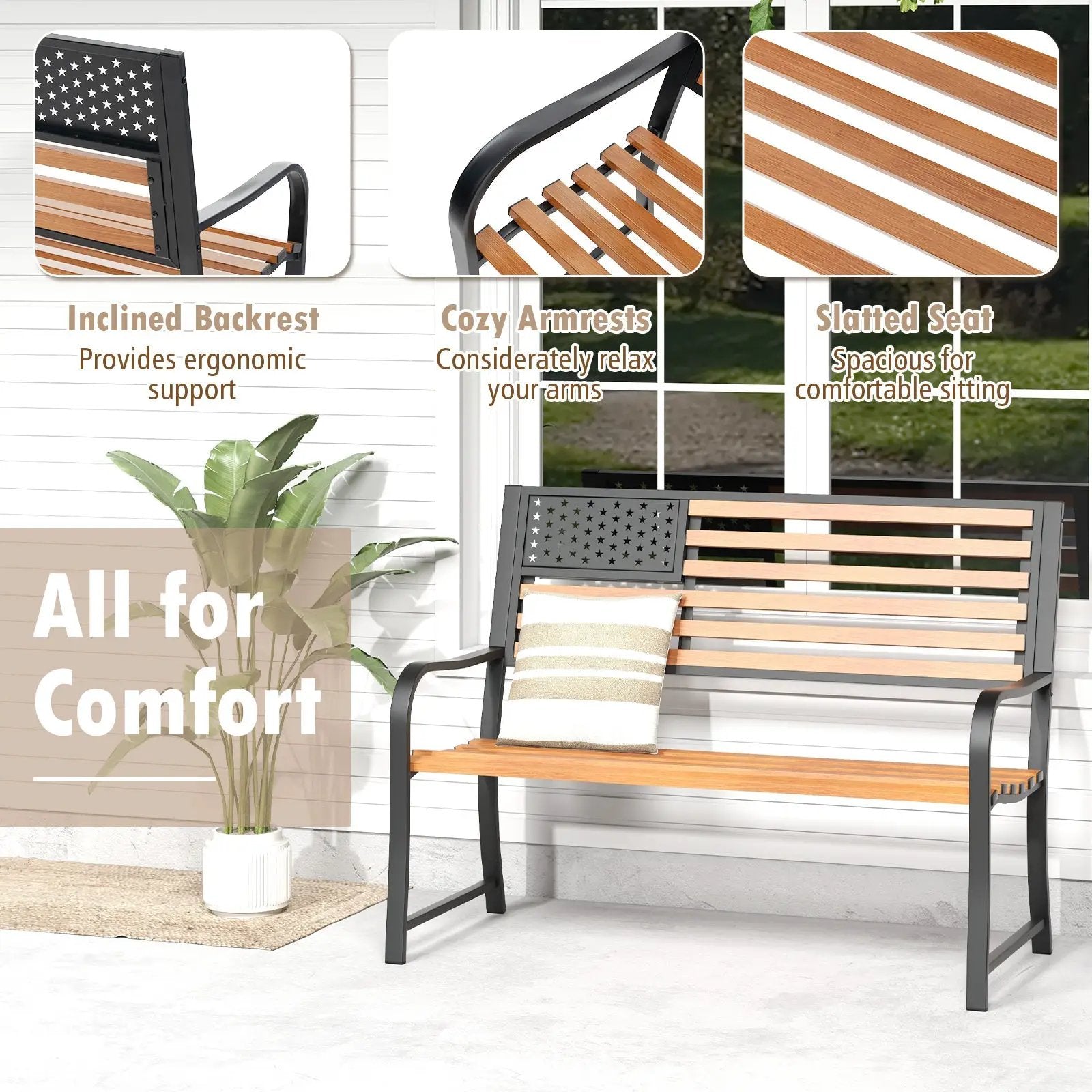 50 Inch Outdoor Garden Bench with Flag Pattern Backrest and Rustic Wood Grain Finish-Brown by DirectDeals