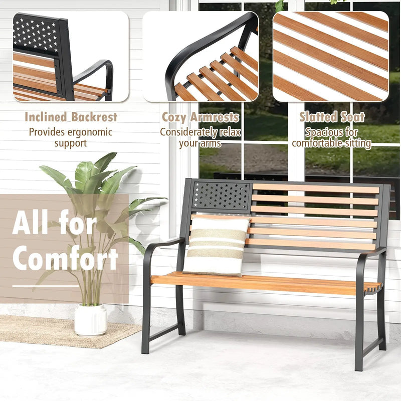 50 Inch Outdoor Garden Bench with Flag Pattern Backrest and Rustic Wood Grain Finish-Brown by DirectDeals