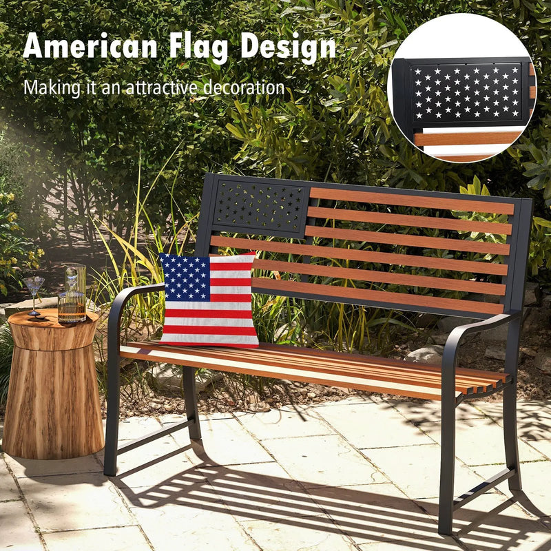 50 Inch Outdoor Garden Bench with Flag Pattern Backrest and Rustic Wood Grain Finish-Brown by DirectDeals