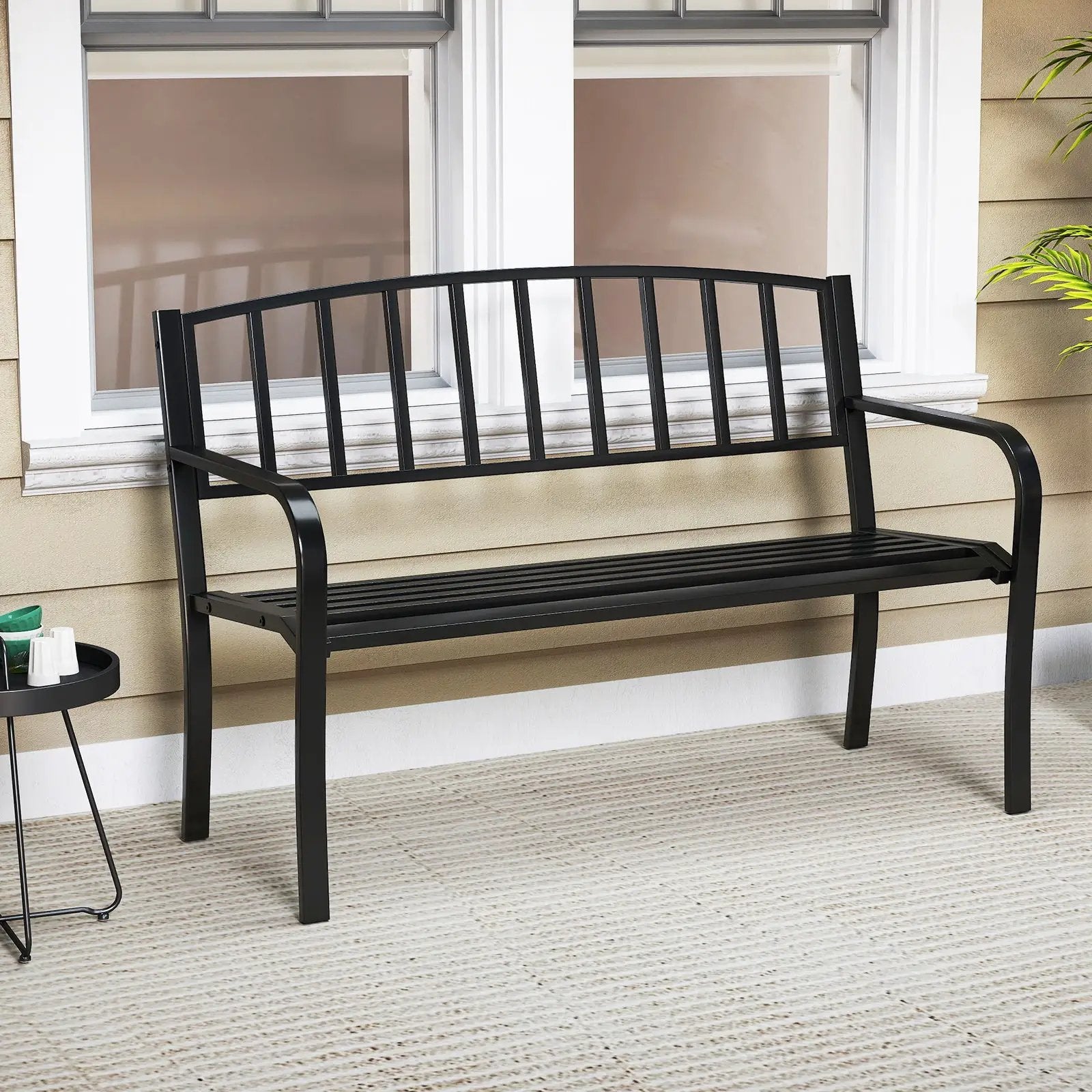 50 Inches Outdoor Garden Bench with Slatted Backrest and Curved Armrests-Black by DirectDeals