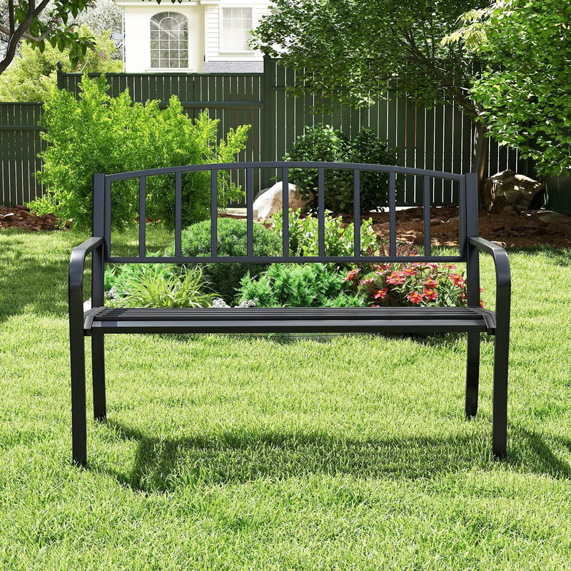 50 Inches Outdoor Garden Bench with Slatted Backrest and Curved Armrests-Black by DirectDeals