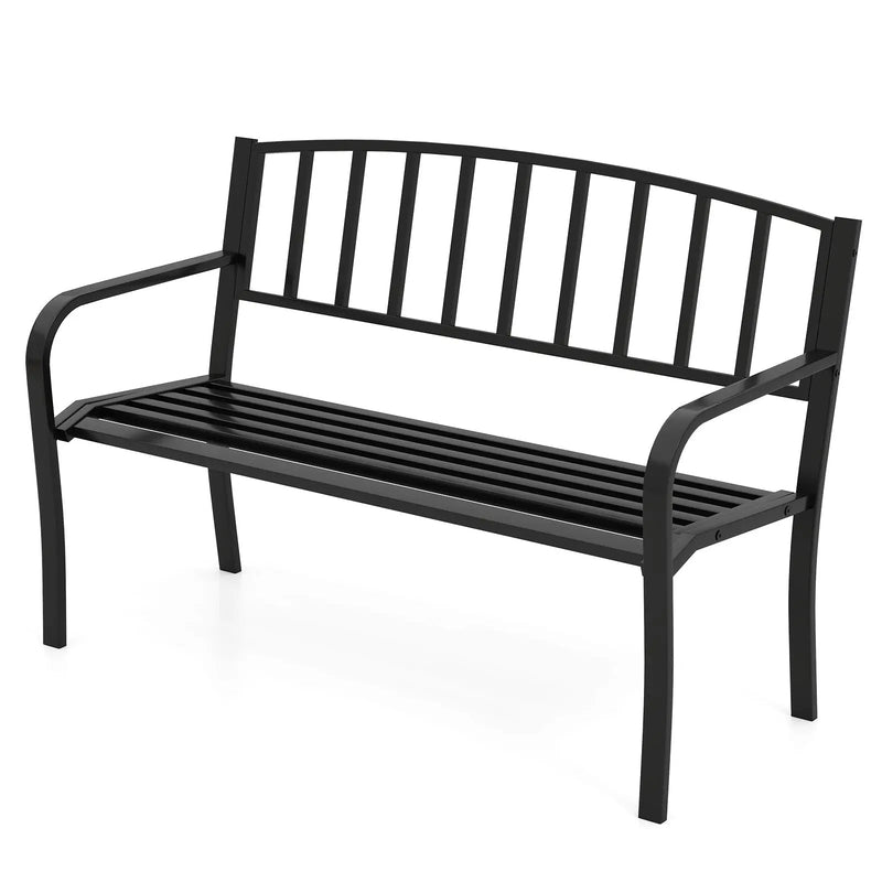 50 Inches Outdoor Garden Bench with Slatted Backrest and Curved Armrests-Black by DirectDeals