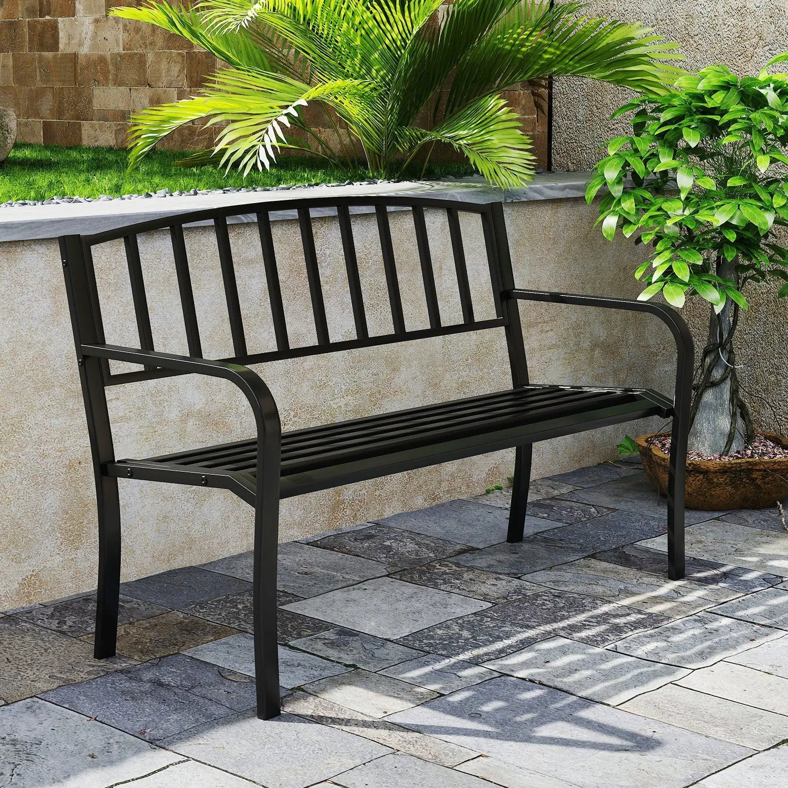 50 Inches Outdoor Garden Bench with Slatted Backrest and Curved Armrests-Black by DirectDeals