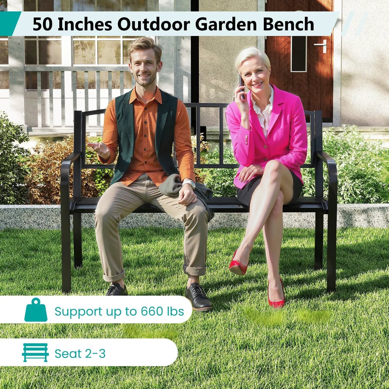 50 Inches Outdoor Garden Bench with Slatted Backrest and Curved Armrests-Black by DirectDeals