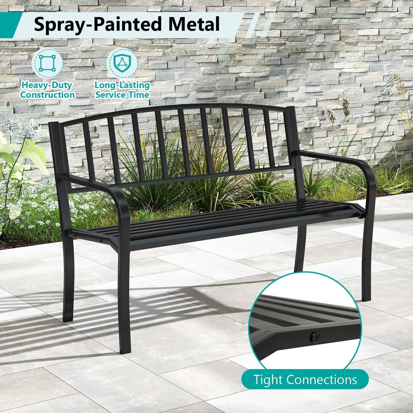 50 Inches Outdoor Garden Bench with Slatted Backrest and Curved Armrests-Black by DirectDeals