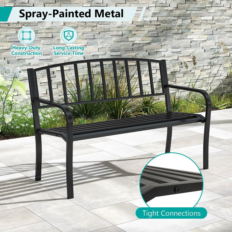 50 Inches Outdoor Garden Bench with Slatted Backrest and Curved Armrests-Black by DirectDeals