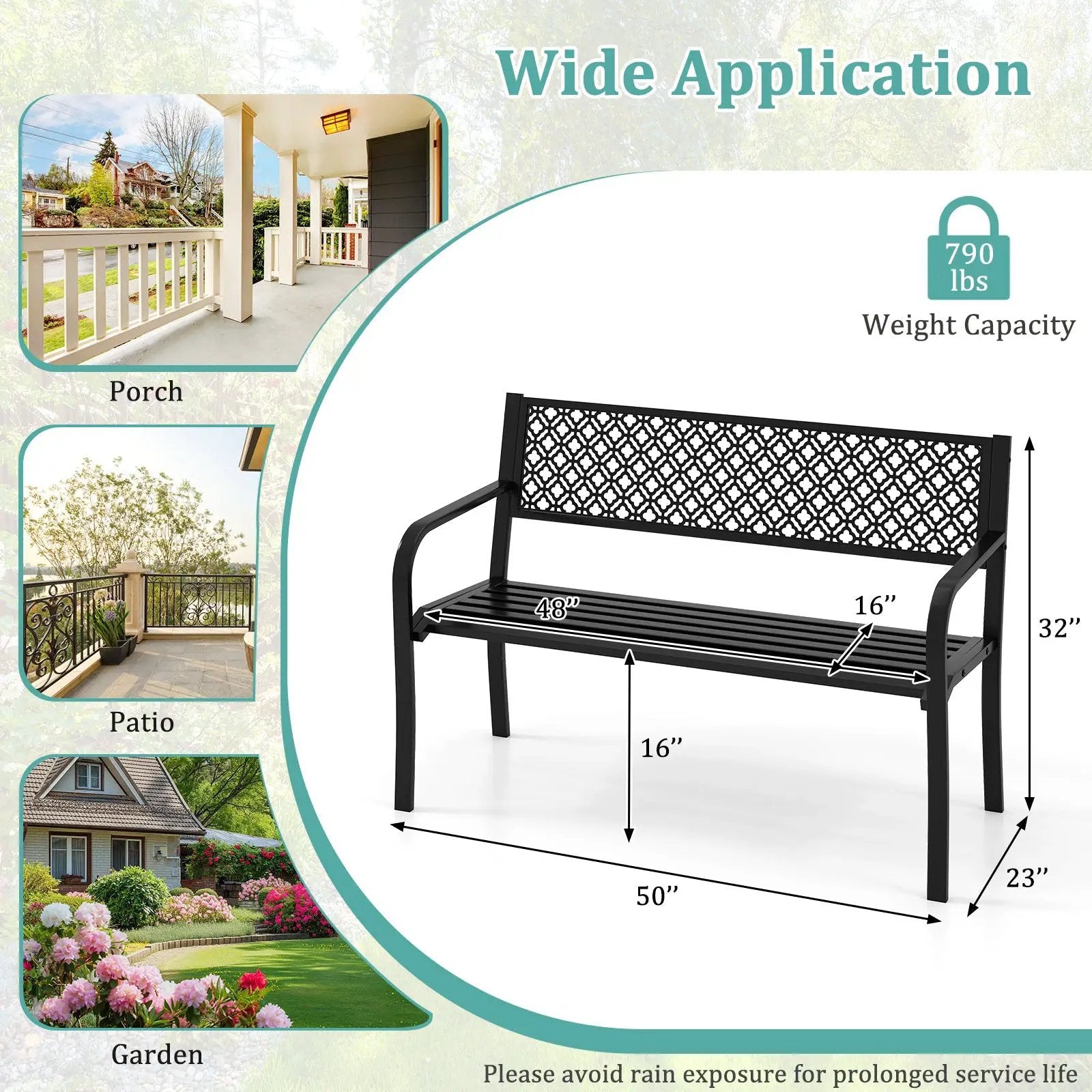 50 Inches Outdoor Garden Bench with Geometric Lattice Backrest and Slatted Seat by DirectDeals