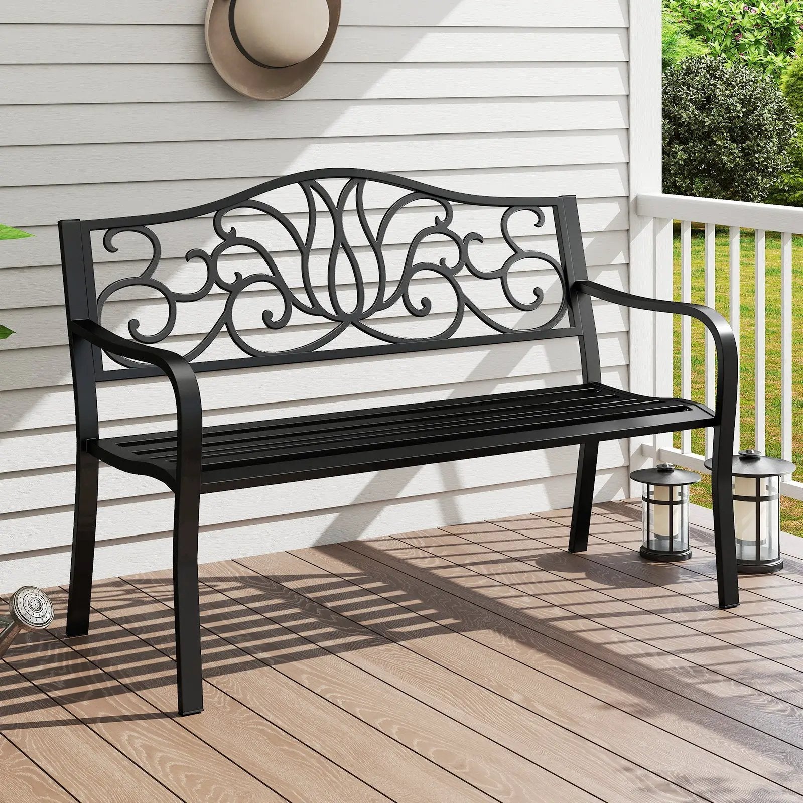 50 Inches Outdoor Garden Bench with Floral Design Backrest and Slatted Seat-Black by DirectDeals