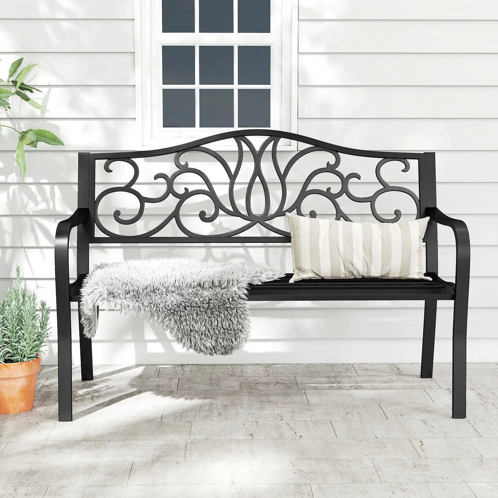 50 Inches Outdoor Garden Bench with Floral Design Backrest and Slatted Seat-Black by DirectDeals