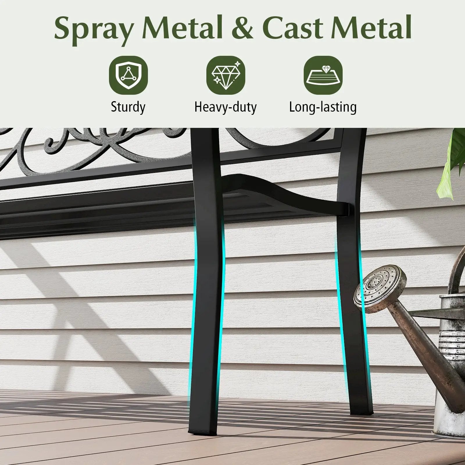 50 Inches Outdoor Garden Bench with Floral Design Backrest and Slatted Seat-Black by DirectDeals