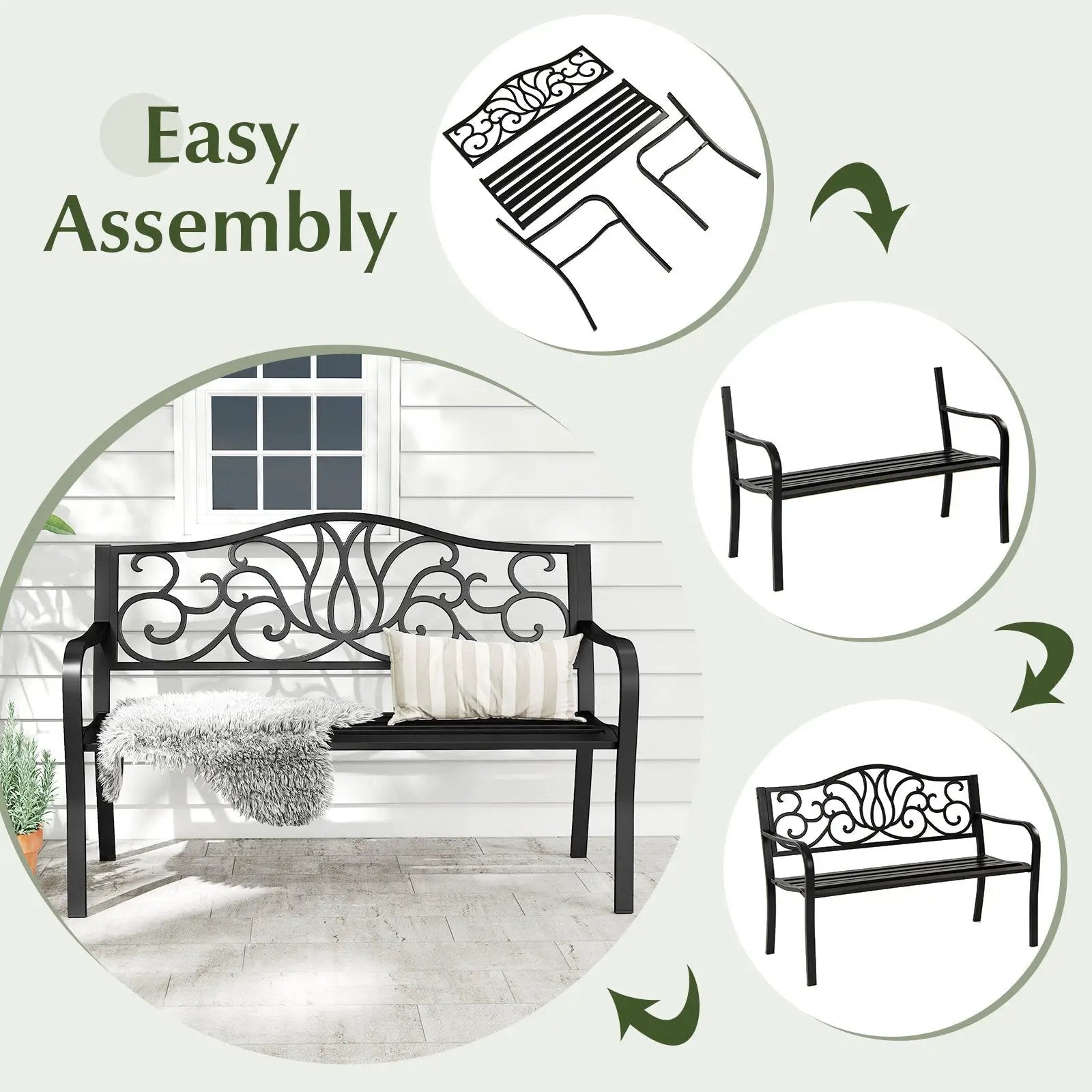 50 Inches Outdoor Garden Bench with Floral Design Backrest and Slatted Seat-Black by DirectDeals