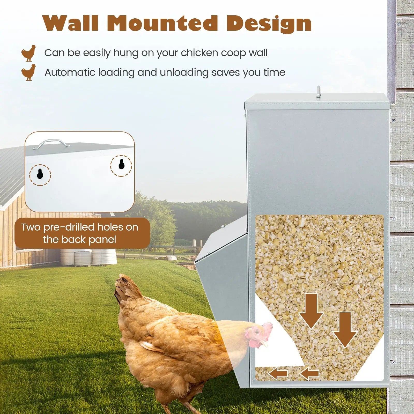 Wall Mount Galvanized Chicken Feeder 50 Pounds Capacity-Silver by DirectDeals