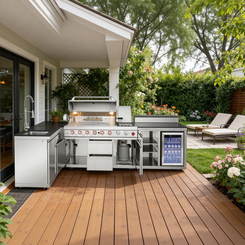Outdoor Kitchen Island 95.8 Inch 6+1 Burner Propane Gas BBQ Grill 95500 BTU 304 Stainless Steel by HouseOfZazla