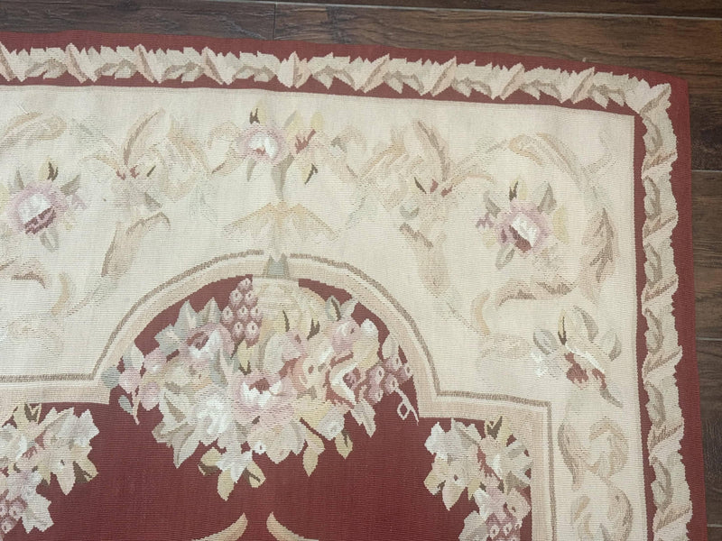 Aubusson Runner Rug 3x10, European Design, Red and Beige, Elegant, Handmade Wool Rug by Jewel Rugs