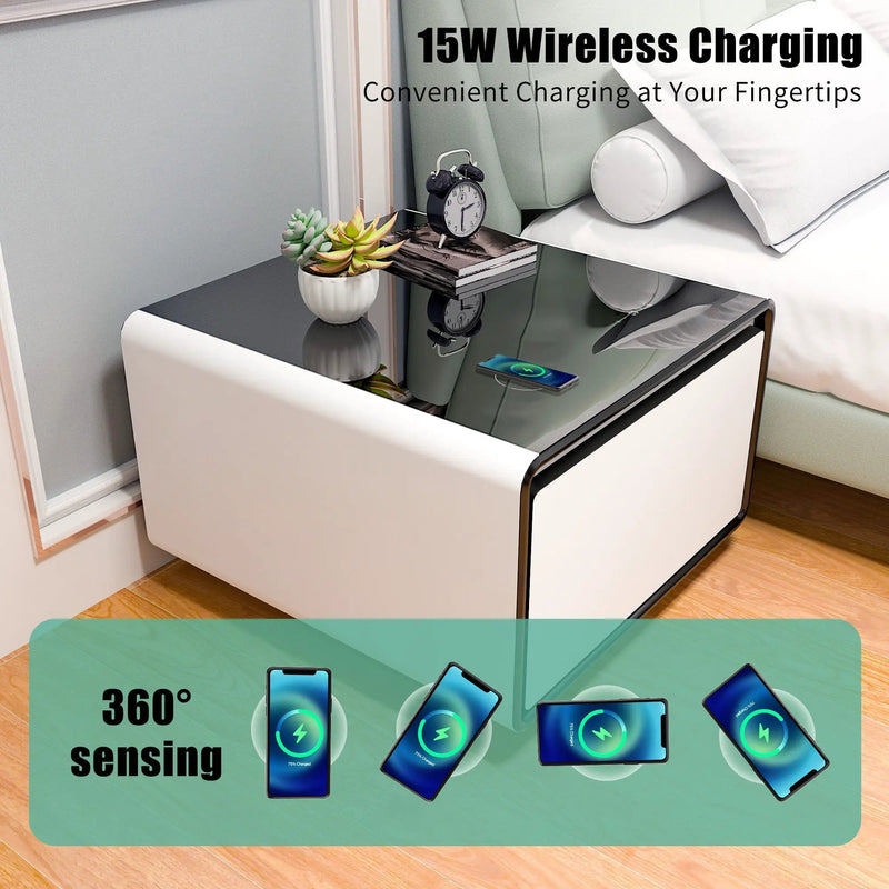 Modern Smart Side Table With Built-In Fridge, Wireless Charging, Temperature Control, Power Socket, USB Ports, Outlet Protection, Induction Light by Unique Piece Furniture
